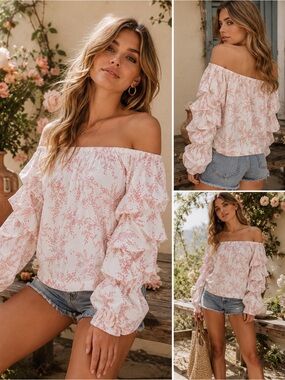 NWT Emilio Pepe Italy Off Shoulder Ruffle Sleeve Peasant Blouse Medium